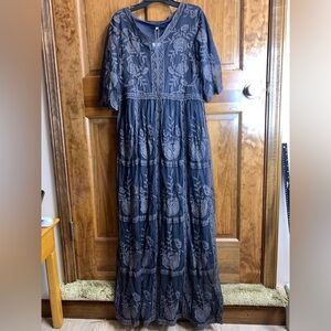 NWT Women’s Petallush blue embroidered floral boho maxi dress size small